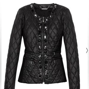 White House Black Market Black Quilted Jewel Embellished Zip Jacket, SMALL